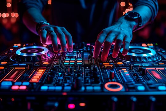 DJ mixing music at a vibrant party with colorful lights, copy space for text, dj banner advertising
