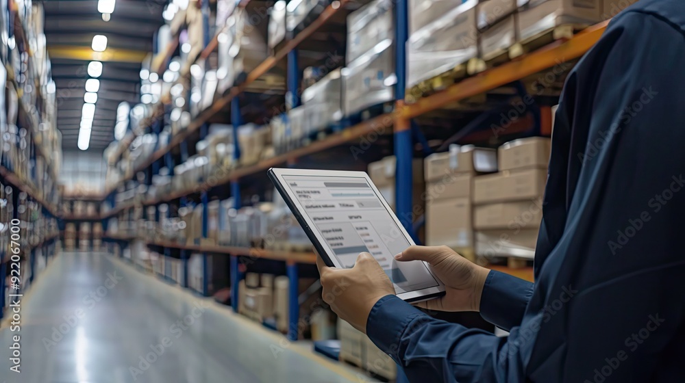 Poster warehouse worker using tablet for inventory management