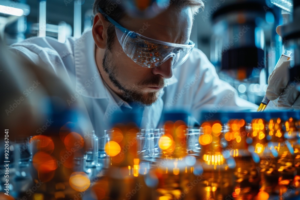 Poster scientist in a lab coat organizing bottles on a shelf in a modern laboratory