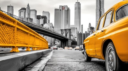 Fototapeta premium A classic yellow taxi driving through the streets of New York City, with the iconic skyline in the background.