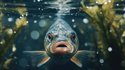 A close-up of a fish in clear water, moments before it bites the bait, surrounded by aquatic plants and small bubbles.