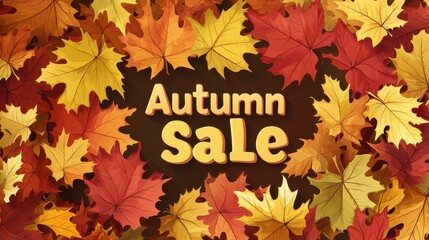 Flat design illustration for an Autumn Sale featuring colorful leaves and bold typography on a red background. E-commerce Shop Marketing Concept