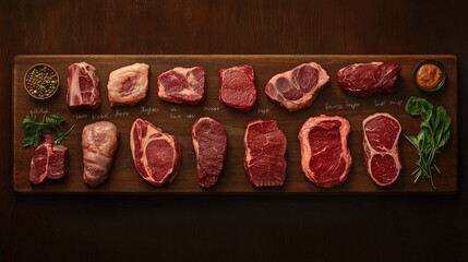 A detailed display of various beef cuts on a butcher board, each labeled with its name, from ribeye to sirloin.