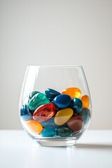 A clear glass vase filled with rainbow-colored pebbles on a minimalist white table. 