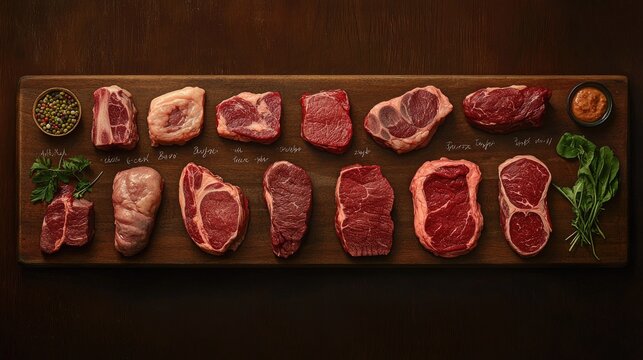 A detailed display of various beef cuts on a butcher board, each labeled with its name, from ribeye to sirloin.