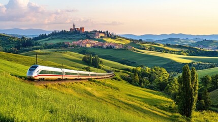 Naklejka premium A European high-speed train crossing a picturesque landscape, with rolling hills and historic villages in the distance.