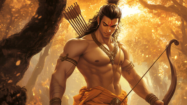 Lord Shri Rama, in a forest with his bow and arrows, exuding strength and divine righteousness
