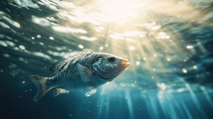 Obraz premium A fish nibbling on bait just below the surface of the water, with ripples spreading out and sunlight filtering through.