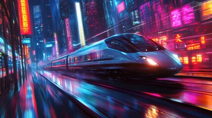 A futuristic high-speed train racing through a city in China, with skyscrapers and neon lights reflecting off its surface.