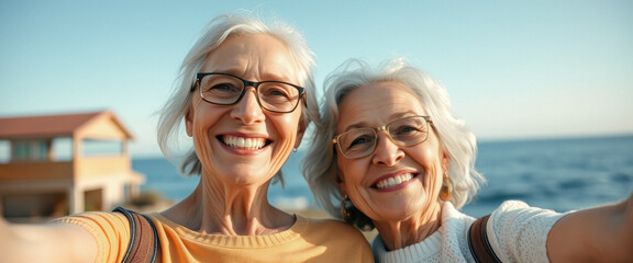 Senior women smiling and taking selfie on vacation