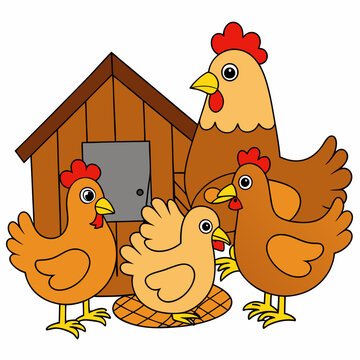 recommend clip art: Chickens roaming in a barnyard silhouette vector illustration 