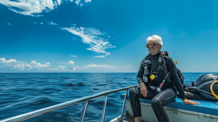Obraz premium Equipped diving senior woman sitting on the deck of a boat - Extreme water sport and healthy elderly concept - Model by AI generative