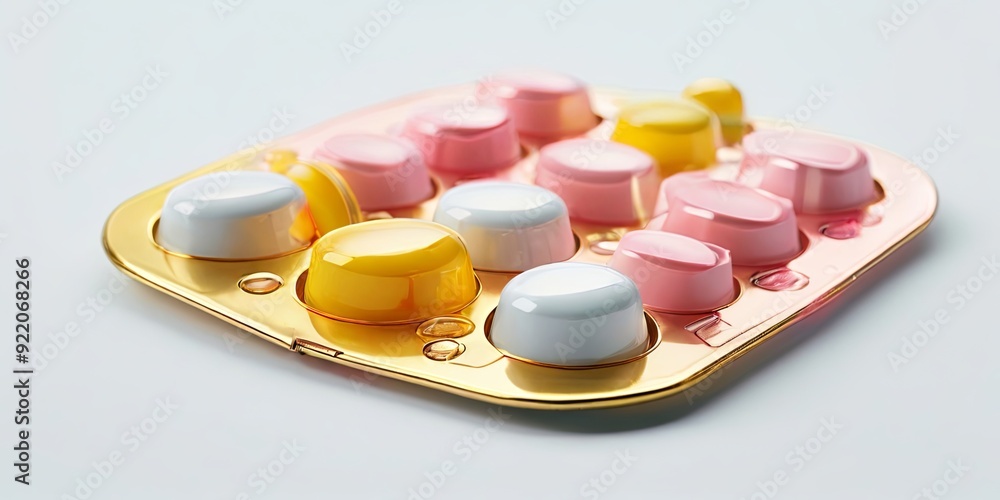 Poster a gold tray with a bunch of colorful pills on it