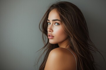 Naklejka premium A woman in studio for cosmetic, cosmetics, growth, and shine shampoo with keratin for health and wellness. Skincare and luxury salon aesthetic model on blue background.