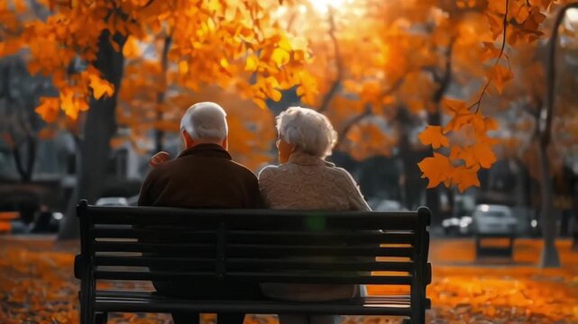 Close-up and back view of an elderly couple embracing while sitting on a park bench on a sunny day. Romance of old woman and elderly partner in a relaxing embrace