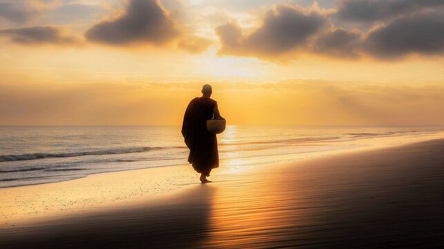A Burmese Buddhist monk walks along a beach at sunset, carrying an alms bowl.