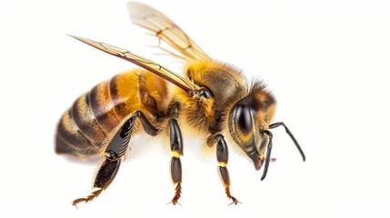 A detailed image of a honeybee, showcasing its intricate features, including its wings, legs, and antennae.  The bee's hairy body and compound eyes are clearly visible