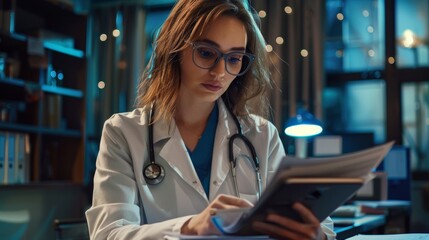 Fototapeta premium Women, doctors, and stress or headache on tablet for hospital research. Young lady, pharmacist, nighttime burnout or health exhaustion with mental health and digital device