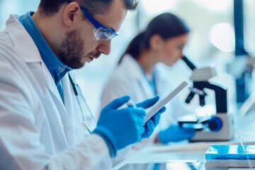 Scientist teamwork, tablet and analysis study in lab for pharmaceutical collaboration, research. Medical analysis, lab innovation, and device pharma collaboration