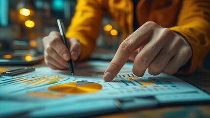 Close-Up of a Person's Hands Analyzing Financial Charts and Graphs on Paper, With Warm Ambient Lighting in a Work Environment