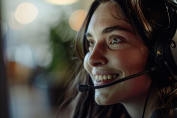 Telephone, CRM, and ecommerce support consultant portrait. Fintech, online help, communication, and talking software.