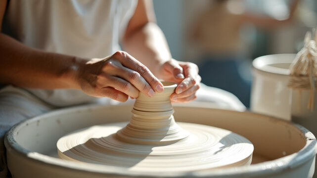 Close-up of potter's hands shaping clay on pottery wheel