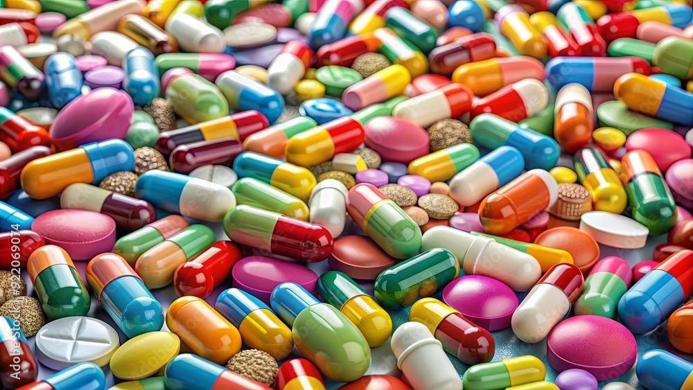 Poster a bunch of colorful pills are scattered on a table