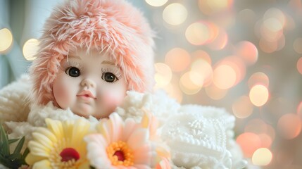 Baby cute fluffy doll flower and bokeh background, content space