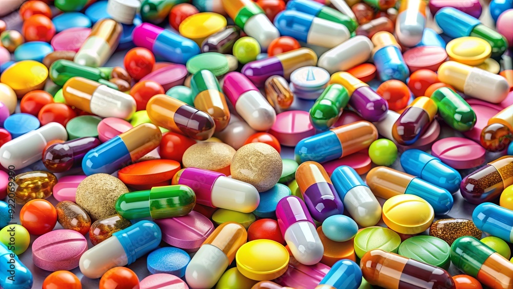 Poster a colorful assortment of pills and tablets are scattered on a table