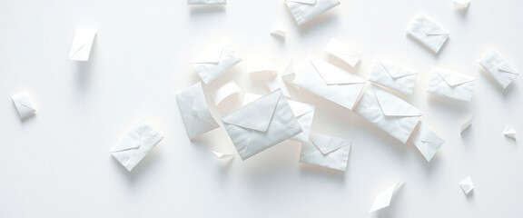 White Envelopes Scattered on a White Background