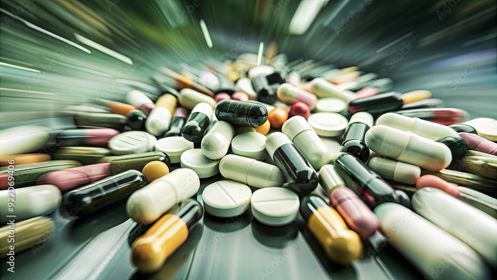 Poster a bunch of pills are scattered on a table