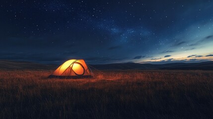 A tent in a vast open field under a starry sky, with the glow from inside creating a warm, inviting ambiance.