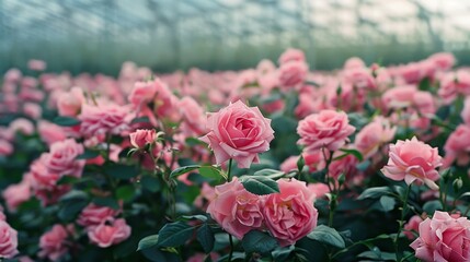 Fototapeta premium A field of pink roses in a greenhouse, symbolizing love, beauty, freshness, romance, and growth.