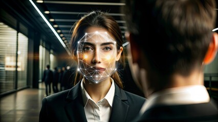 A woman is looking at a man with a face on a screen