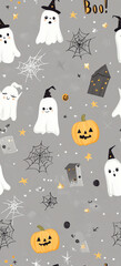 Texture Motif Halloween Mignon avec Citrouilles et Fantômes en Gris et Blanc