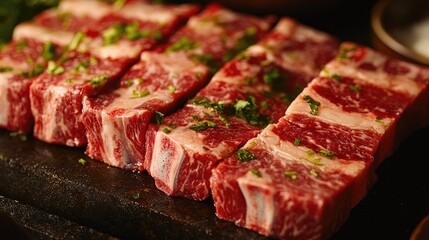 Fototapeta premium Close-up of raw beef ribs on a butcher block, showcasing the marbling and freshness of the meat, ready for preparation.