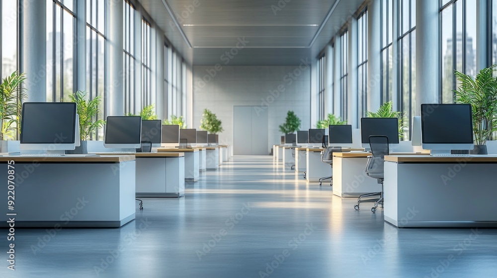 Poster a large open office space with many desks and chairs