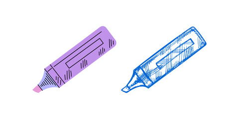 Vector hand-drawn and flat style school and office supplies Illustration. Detailed retro style marker sketch. Vintage sketch element. Back to School. School essential illustration.