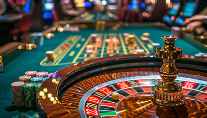 multicolored casino roulette table with poker chips on green table background
