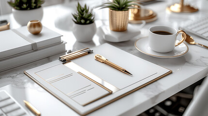 A minimalistic and elegant workspace featuring gold-accented stationery on a marble desk. The scene includes a white coffee cup with a gold handle, plants, and a luxurious gold pen,
