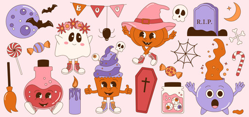 Spooky Halloween retro groovy sticker collection. Pumpkin, gravestone, ghost, potion, cupcake, pot.