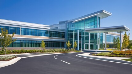 Fototapeta premium The exterior of a state-of-the-art hospital, with clear signage and well-kept surroundings, under a clear blue sky.
