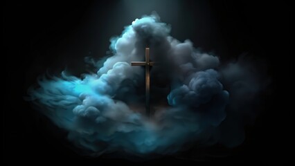 A Wooden Cross Emerging from a Blue and Gray Cloud