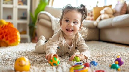 Fototapeta premium A happy baby girl in a beige outfit is playing with colorful toys on a plush rug, symbolizing childhood joy, innocence, playful exploration, and the importance of imaginative play.