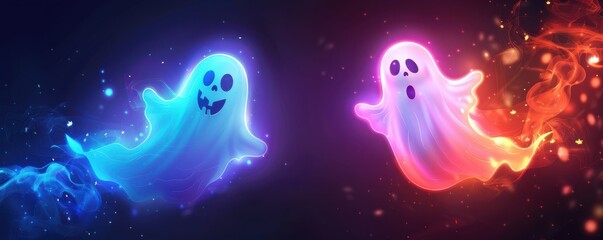 Neon cartoon Halloween ghosts flying and dancing in a vibrant atmosphere.