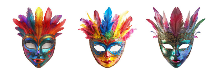 Colorful carnival masks set isolated on transparent background