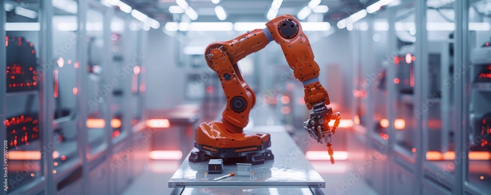 Poster industrial robots in a modern automated factory working on a production line