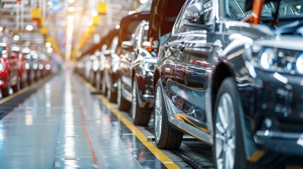 Obraz premium A line of cars being assembled in a factory, showcasing the process of modern automotive manufacturing. This image represents efficiency, precision, and technological advancements in the car industry.