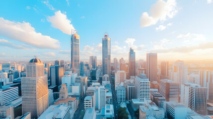 Fototapeta premium Aerial drone view of the vibrant cityscape at dawn, with towering skyscrapers and urban life. The soft light of the morning sun bathes the buildings, dynamic landscape for the beauty of metropolitan.
