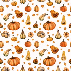 Autumn decorative seamless pattern .Set of cute decorative pumpkins of various shapes and colors. Colorful collection of objects for Halloween, Thanksgiving, harvest and autumn season. 